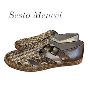 NEW Sesto Meucci Women's "Nappa" Platino Woven Buckle Loafers 5